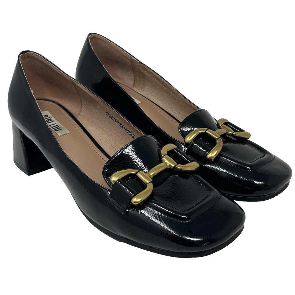 Bibi Lou Valencia Black Patent Leather Block Heels 41/10 Gold Horsebit Buckle